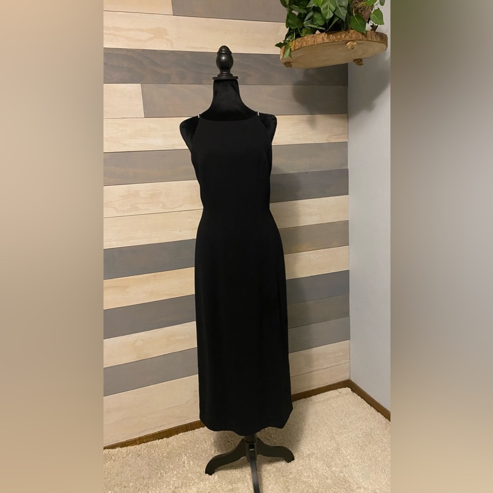 Caren Desiree Co.  long black evening dress. 10P . Rinestone straps, sheer back.